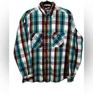 Vintage Five Brother Shirt Mens Red Blue LT Plaid Flannel USA Work Grunge 70s
